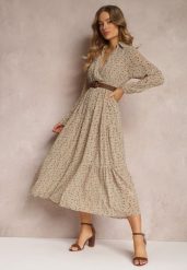 Beżowa Sukienka Rozkloszowana w Kwiaty z Paskiem Rakhila. Brązowe sukienki damskie Renee, bez wzorów, eleganckie, bez ramiączek. W wyprzedaży za 111.99 zł.