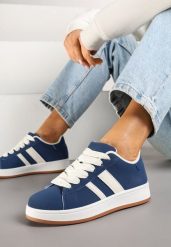 Granatowe Sneakersy na Niskiej Platformie z Naszywkami Flordexia. Niebieskie obuwie sportowe damskie Renee, z jeansu, bez zapięcia. Za 79.99 zł.