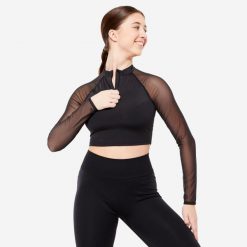 Koszulka z długim rękawem do tańca nowoczesnego damska Starever crop top. Czarne koszulki damskie STAREVER, xs, bez wzorów, z materiału, bez kołnierzyka, bez ramiączek. Za 89.99 zł.