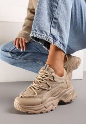 Ciemnobeżowe Sneakersy na Masywnej Podeszwie z Siateczkowym Wstawkami i Ozdobnymi Sznurówkami Ollavia. Brązowe obuwie sportowe damskie Renee, bez zapięcia. Za 109.99 zł.