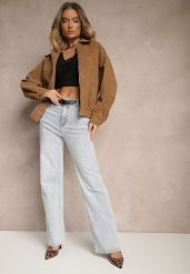 Jasnoniebieskie Jeansy High Waist o Szerokim Kroju w Klasycznym Stylu Sesalitia. Niebieskie jeansy damskie Renee, z aplikacjami, z jeansu. Za 119.99 zł.