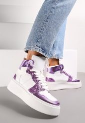 Biało-Fioletowe Sznurowane Sneakersy za Kostkę z Brokatem i Metalicznymi Wstawkami Sareena. Białe obuwie sportowe damskie Renee, za kostkę, bez zapięcia. Za 49.99 zł.