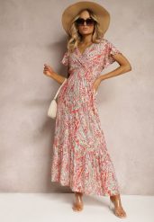 Czerwona Sukienka Boho z Metaliczną Nicią Kopertowym Dekoltem i Gumką w Talii Dilaria. Czerwone sukienki damskie Renee, bez wzorów, z materiału, boho, bez ramiączek. W wyprzedaży za 63.99 zł.