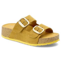 Klapki damskie Yokono, cholewka ze skóry naturalnej zamszowej dwa szerokie paski z regulacją na platformie, żółte, Lanka-003 Ser Mostaza. Żółte klapki damskie Yokono, bez wzorów, ze skóry, bez obcasa, na platformie, bez zapięcia. Za 224.90 zł.