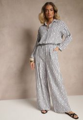 Biało-Czarne Szerokie Spodnie High Waist z Bawełny z Gumką w Talii Ranivaria. Czarne spodnie materiałowe damskie Renee, bez wzorów, z bawełny. Za 99.99 zł.
