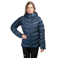 Kurtka trekkingowa puchowa damska Glaceon Pro Women. Niebieskie kurtki damskie RAB, na zimę, bez wzorów, z puchu, z kapturem. Za 1,259.99 zł.