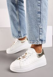 Biało-Złote Sneakersy na Platformie Wykończone Cyrkoniowymi Aplikacjami Vliorina. Białe obuwie sportowe damskie Renee, z materiału, bez zapięcia. Za 79.99 zł.