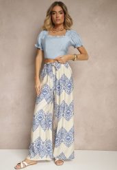 Niebieskie Spodnie z Wiskozy o Szerokim Kroju High Waist ze Wzorem Boho Neolissea. Niebieskie spodnie materiałowe damskie Renee, bez wzorów, z jeansu. Za 44.99 zł.