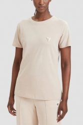 GUESS Kremowy damski t-shirt na krótki rękaw Colette, Rozmiar M. Brązowe t-shirty damskie Guess, m, z aplikacjami, bez kołnierzyka. W wyprzedaży za 159.99 zł.