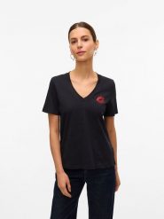 Vero Moda Koszulka w kolorze czarnym rozmiar: M. Czarne bluzki damskie Vero Moda, m, bez wzorów, z bawełny, bez kołnierzyka, bez ramiączek. Za 61.60 zł.