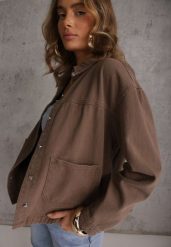 Brązowa Koszulowa Kurtka z Jeansu z Bawełny z Naszytymi Kieszeniami Giorriane. Brązowe kurtki damskie Renee, l, bez wzorów, z bawełny, bez kaptura. Za 179.99 zł.