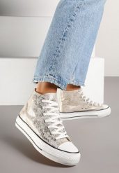 Złote Trampki z Wysoką Tłoczoną Cholewką Willevia. Żółte obuwie sportowe damskie Renee, z jeansu, przed kolano, bez zapięcia. Za 74.99 zł.