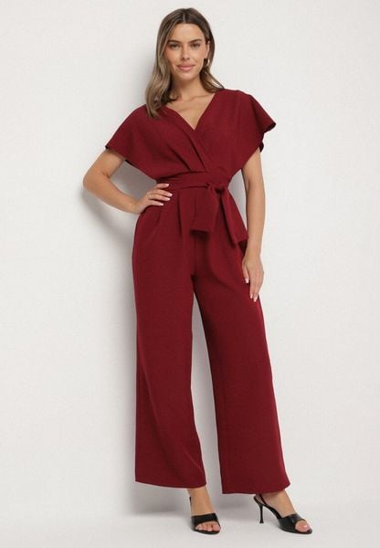 Bordowy Elegancki Kombinezon z Marszczeniem i Wcięciem w Talii Melonessa. Czerwone sukienki damskie Born2be, bez wzorów, eleganckie, bez ramiączek. Za 119.99 zł.