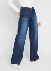 Dżinsy wide leg, mid waist, elastyczna gumka w talii. Niebieskie jeansy damskie bonprix. Za 119.99 zł.