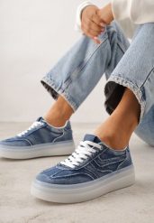 Granatowe Sneakersy na Platformie z Denimu Nanore. Niebieskie obuwie sportowe damskie Renee, z denimu, bez zapięcia. Za 89.99 zł.