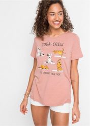 T-shirt z nadrukiem. Fioletowe t-shirty damskie bonprix, bez wzorów, bez kołnierzyka. Za 64.99 zł.