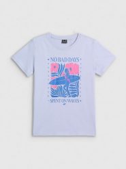 4F T-shirt regular z nadrukiem damski - niebieski XL. Niebieskie t-shirty damskie 4F, xl, bez wzorów, z bawełny, bez kołnierzyka. Za 59.99 zł.