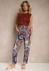 Niebiesko-Brązowe Szerokie Spodnie z Bawełny High Waist w Abstrakcyjny Wzór Jorivaess. Niebieskie spodnie materiałowe damskie Renee, bez wzorów, z bawełny. Za 29.99 zł.