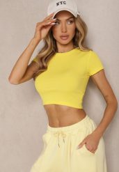 Żółty Krótki T-shirt z Prążkowanej Tkaniny Teloma. Żółte t-shirty damskie Renee, l, bez wzorów, z jeansu, bez kołnierzyka. Za 29.99 zł.