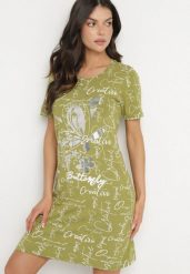 Jasnozielona Bawełniana Sukienka o T-shirtowym Kroju z Ozdobnym Nadrukiem Feviressa. Zielone sukienki damskie Born2be, bez wzorów, z bawełny, eleganckie, bez ramiączek. W wyprzedaży za 38.24 zł.