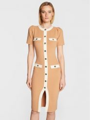 Elisabetta Franchi Sukienka dzianinowa AM-69Q-26E2-V470 Beżowy Slim Fit. Brązowe sukienki damskie Elisabetta Franchi, bez wzorów, z dzianiny, bez ramiączek. Za 2,659.00 zł.