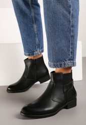Czarne Płaskie Botki Ozdobione Nitami i Paskiem Emithvin. Czarne botki damskie Renee, z jeansu, eleganckie, bez obcasa, na obcasie, bez zapięcia. Za 29.99 zł.