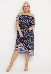 Granatowa Bawełniana Sukienka Pudełkowa o Kroju Hiszpanki we Wzór Paisley z Paskiem Materiałowym Lenica. Niebieskie sukienki damskie Born2be, bez wzorów, z bawełny, bez ramiączek. Za 54.99 zł.