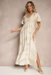 Beżowa Rozkloszowana Sukienka z Wiskozy Ozdobiona Haftowanymi Liśćmi Tirvesa. Brązowe sukienki damskie Renee, bez wzorów, z wiskozy, eleganckie, bez ramiączek. W wyprzedaży za 99.99 zł.