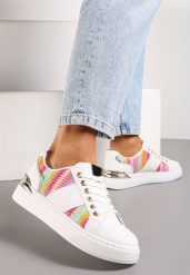 Biało-Różowe Sneakersy na Grubej Podeszwie z Plecioną Wstawką i Błyszczącymi Detalami Issla. Białe obuwie sportowe damskie Born2be, bez zapięcia. Za 84.99 zł.