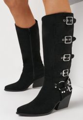 Czarne Kozaki na Stożku z Ozdobnymi Klamrami Isadore. Czarne kozaki damskie Born2be, z jeansu, bez obcasa, na obcasie, bez zapięcia. Za 189.99 zł.