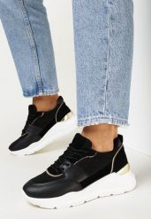 Czarne Sneakersy na Platformie z Metaliczną Wstawką na Pięcie Jomir. Czarne obuwie sportowe damskie Born2be, z materiału, bez zapięcia. Za 69.99 zł.