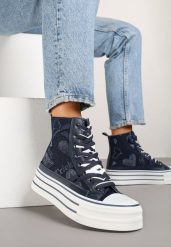 Granatowe Trampki na Platformie z Wysoką Cholewką i Wzorem Serc Aviriss. Niebieskie trampki damskie Renee, bez wzorów, z jeansu, przed kolano, bez zapięcia. Za 79.99 zł.