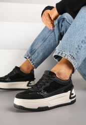 Czarno-Białe Sneakersy na Tłoczonej Platformie Ozdobione Wzorem w Panterkę Deoranae. Czarne obuwie sportowe damskie Renee, na jesień, z jeansu, bez zapięcia. Za 79.99 zł.