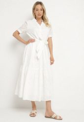 Biała Bawełniana Sukienka Boho o Koszulowym Kroju z Haftowanej Tkaniny Roselithra. Białe sukienki damskie Born2be, bez wzorów, z bawełny, boho, bez ramiączek. Za 209.99 zł.