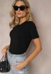 Czarny T-shirt z Krótkim Rękawem z Gładkiej Bawełny Jaellora. Czarne t-shirty damskie Renee, l, bez wzorów, z bawełny, bez kołnierzyka. Za 24.99 zł.