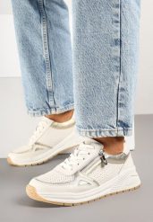 Beżowe Skórzane Sneakersy z Ozdobną Perforacją i Suwakiem Amiriella. Brązowe obuwie sportowe damskie Renee, z jeansu, bez zapięcia. Za 159.99 zł.