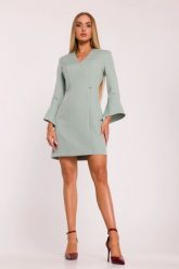 Elegancka sukienka z szerokimi mankietami dekolt V miętowa. Zielone sukienki damskie MOE, bez wzorów, z materiału, biznesowe, bez ramiączek. Za 359.00 zł.