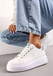 Biało-Srebrne Sneakersy Ozdobione Brokatem i Drobnymi Cyrkoniami Emavia. Białe obuwie sportowe damskie Renee, bez zapięcia. Za 74.99 zł.