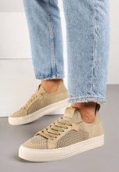 Ciemnobeżowe Sneakersy z Siateczkową Cholewką Taslio. Brązowe obuwie sportowe damskie Born2be, bez zapięcia. Za 84.99 zł.