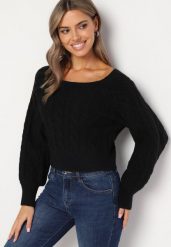 Czarny Sweter z Dodatkiem Wiskozy i Ściągaczem Ozdobiony Splotem Fizena. Czarne swetry klasyczne damskie Born2be, l, z jeansu, bez kołnierzyka. Za 119.99 zł.