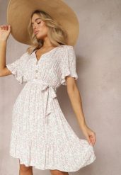 Biało-Różowa Rozkloszowana Sukienka Wiskozowa Mini w Kwiatowy Print z Falbanką Taelle. Białe sukienki damskie Renee, bez wzorów, z wiskozy, bez ramiączek. W wyprzedaży za 41.99 zł.