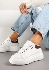 Biało-Brązowe Sneakersy na Grubej Podeszwie z Metalicznymi Zdobieniami Zarilna. Białe obuwie sportowe damskie Born2be, z jeansu, bez zapięcia. Za 74.99 zł.
