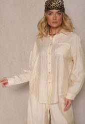 Jasnobeżowa Koszula Oversize w Klasycznym Stylu z Kieszonką Liozira. Brązowe koszule damskie Renee, l, bez wzorów, biznesowe, bez kołnierzyka, bez ramiączek. Za 84.99 zł.