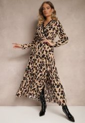 Brązowa Panterkowa Sukienka z Kopertowym Dekoltem Koronką Paskiem i Gumką w Talii Siavindra. Brązowe sukienki damskie Renee, bez wzorów, z koronki, eleganckie, bez ramiączek. W wyprzedaży za 83.99 zł.