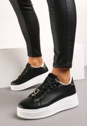Czarno-Złote Sneakersy na Grubej Podeszwie przed Kostkę z Metalowymi Zawieszkami Ozdobionymi Cyrkoniami Nasulla. Czarne obuwie sportowe damskie Born2be, przed kostkę, bez zapięcia. Za 99.99 zł.