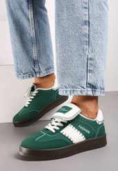 Zielone Sneakersy na Grubej Podeszwie z Kontrastującymi Wstawkami i Wywiniętym Językiem Mirinae. Zielone obuwie sportowe damskie Born2be, z jeansu, bez zapięcia, trekkingowe. Za 39.99 zł.