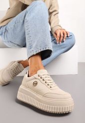 Jasnobeżowe Sneakersy na Wysokiej Tłoczonej Platformie Zair. Brązowe obuwie sportowe damskie Renee, bez zapięcia. Za 89.99 zł.
