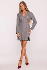 Elegancka sukienka tweedowa trapezowa kopertowa szara. Szare sukienki damskie MOE, bez wzorów, z koronki, biznesowe, bez ramiączek. Za 379.00 zł.