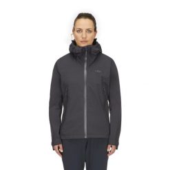 Kurtka przeciwdeszczowa damska Rab Women's Downpour Light Jacket z kapturem. Szare kurtki damskie RAB, s, bez wzorów, z kapturem. Za 539.99 zł.