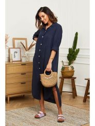 Le Monde du Lin Lniana sukienka w kolorze granatowym rozmiar: 34/36. Niebieskie sukienki damskie Le Monde du Lin, bez wzorów, ze lnu, klasyczne, bez ramiączek. Za 194.15 zł.